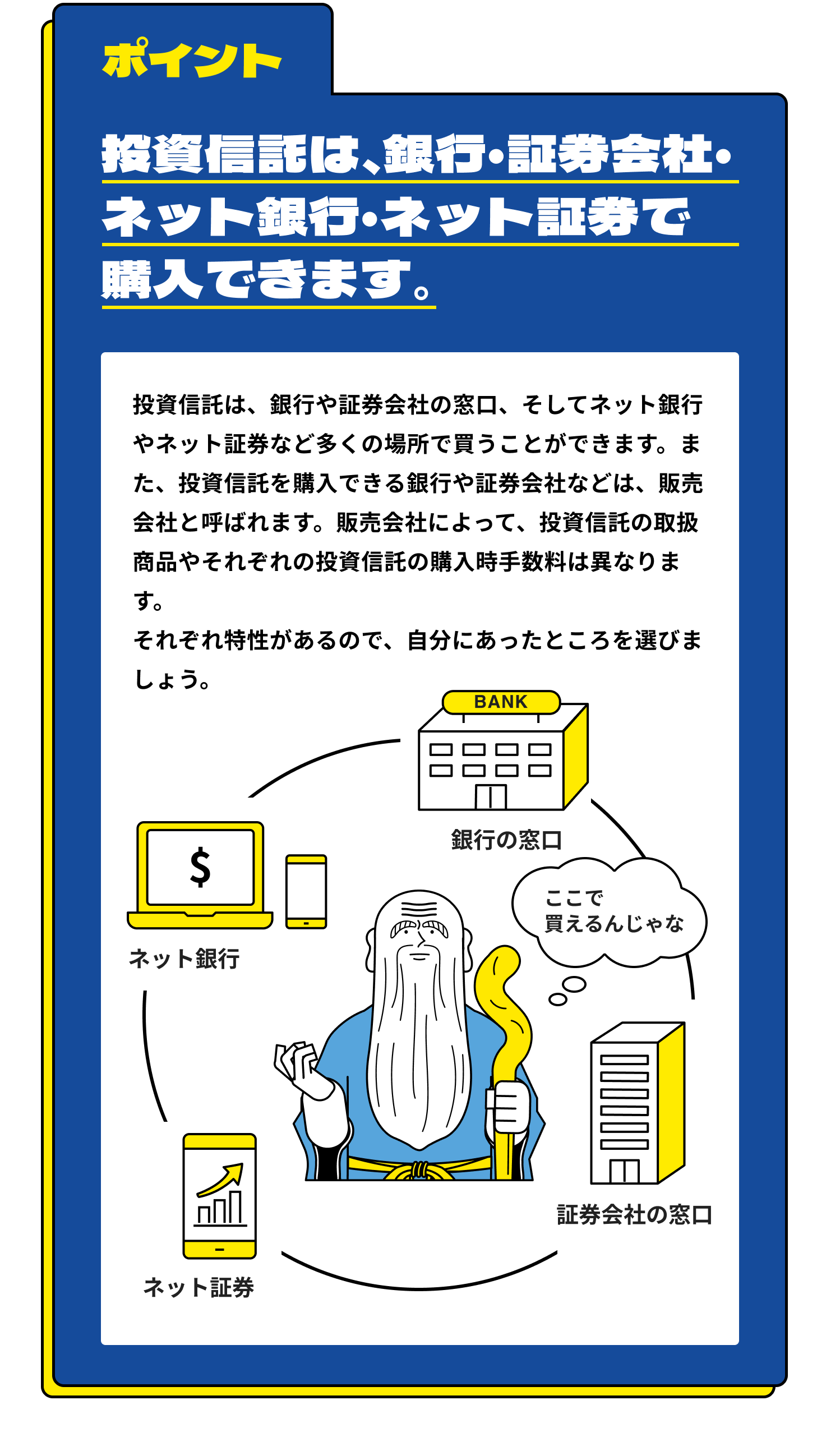 ポイント 投資信託は、銀行・証券会社・ネット銀行・ネット証券で購入できます。